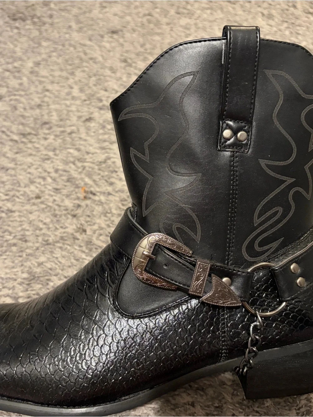 Men's Black Western Harness Ankle Boots with Textured Upper
